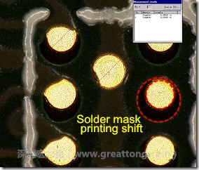 電路板BGA下面的防焊層印刷偏移，造成焊墊大小不一致。