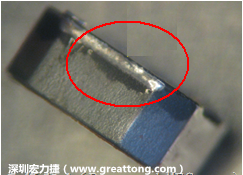 使用錫(Sn)鍍層的電源電感器(Power Inductors)，經(jīng)過推力測試后，其焊點還保留在零件的端點上，所以推力比較高。