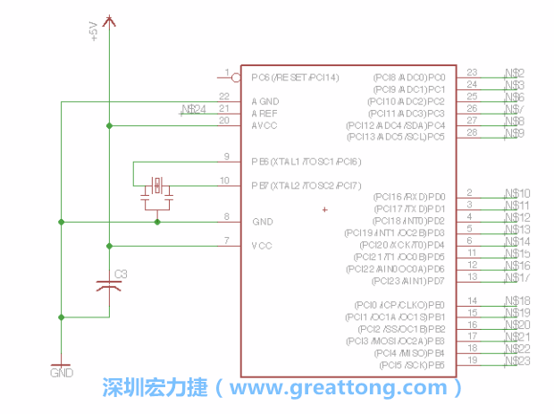 3.3.    將共鳴器（resonator）放置在針腳9和針腳10附近，將它的三個(gè)針腳連接如圖所示，并確認(rèn)最中間的針腳有連到接地端。