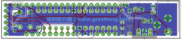 第二篇文章則帶領(lǐng)你進(jìn)行電路板上的布線、連結(jié)點(diǎn)的配置，并利用「設(shè)計(jì)規(guī)則檢查（Design Rule Check）」測(cè)試你的設(shè)計(jì)，第二篇文章的電路板設(shè)計(jì)圖將如下所示：