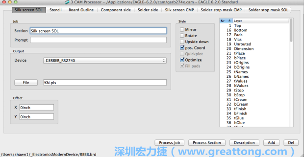 假如你有匯入點(diǎn)陣圖圖層（抑或是有某個(gè)圖層是你不想要它們出現(xiàn)在絲印上的），請(qǐng)?jiān)俅未_認(rèn)標(biāo)簽列下面被指定的圖層都是正確無(wú)誤的。