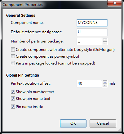 按下工具  "Create a new component"， 出現(xiàn)底下畫面， 按下OK后， 產(chǎn)生MYCONN3/U? 文字重迭在一在， 把它們分開(用mouse選擇并按下"M"， 即可移動)