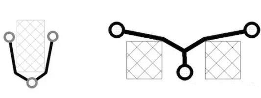 圖12：樹和(灰色顯示的)障礙物。(a)最小生成樹，(b)Steiner樹。