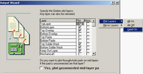 按“Next”，點(diǎn)擊“Menu”將Plot Layers置為Used On，Mirror Layers置為All Off后按“Next”